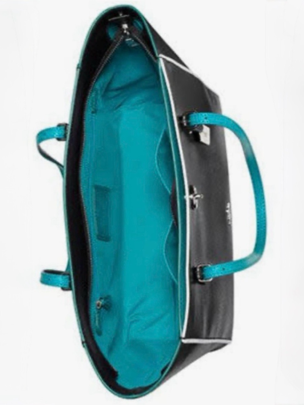 Coach Turnlock Tote bag Edgestain Leather Black Teal Turquoise L Handbag 38323
